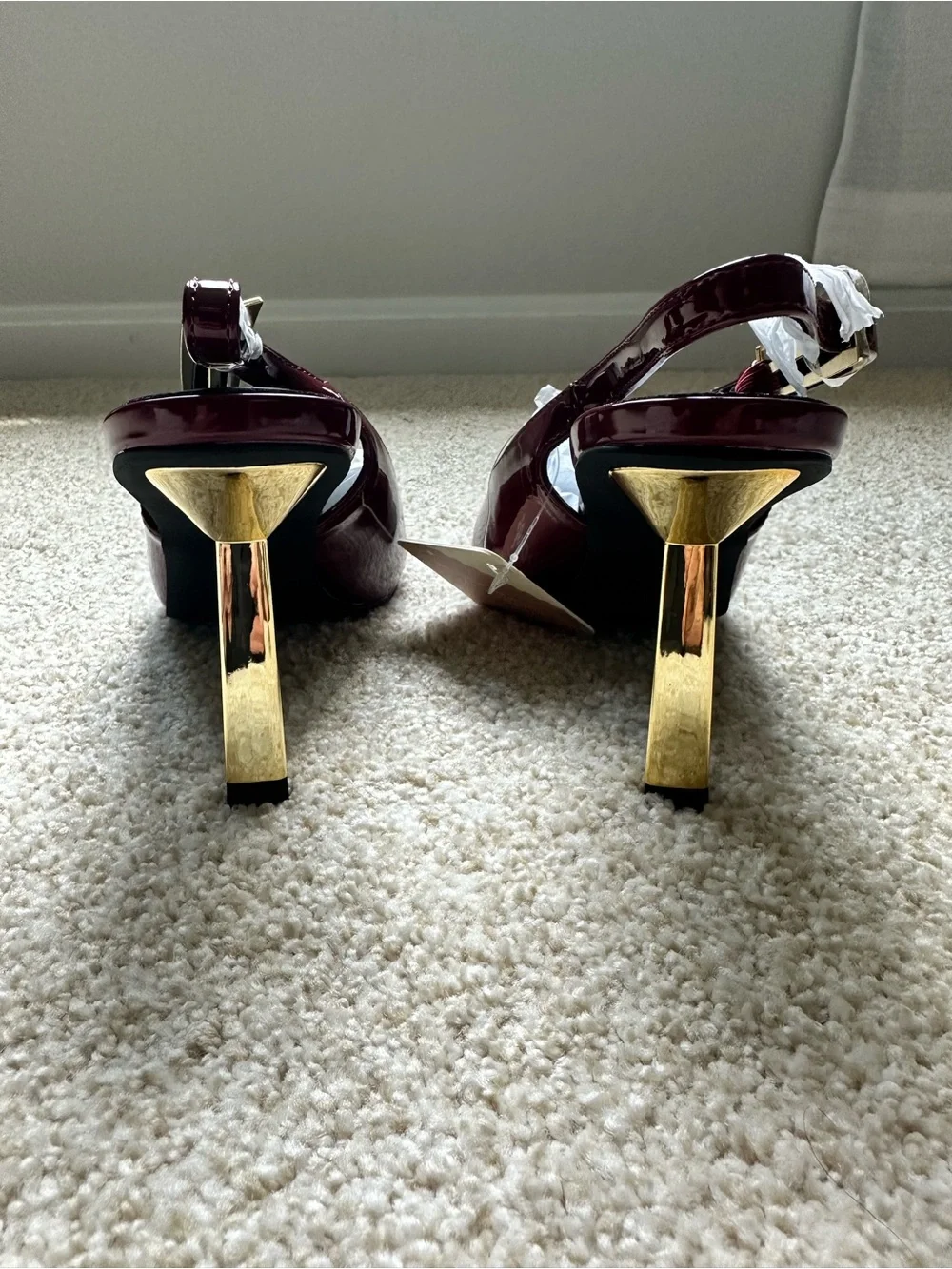 Burgundy Pointed-Toe Slingback Pumps with Gold Heel
